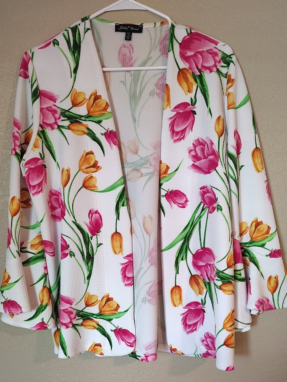 Slinky Brand White Floral Print Top with Pink and Green Accents